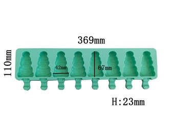 May include: A green silicone ice pop mold with 8 tree-shaped cavities. The mold measures 11 inches long, 6.7 inches wide, and 2.3 inches high.