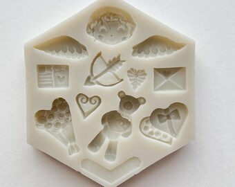 VALENTINES VARIETY MOLD, Silicone Fondant Mold, Valentines Day Treats Decoration, Cupid, Angel, Wings, Roses, Chocolates, Baking Supplies