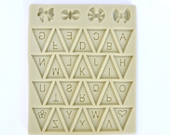 Molde de letras y lazos de bandera, molde de silicona para fondant con alfabeto elegante, molde para decoración de pasteles, molde para chocolate, molde para letras, molde para resina, molde para joyería