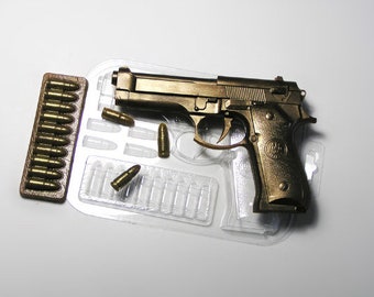 MOULE À PISTOLET, moule à chocolat pistolet et balles, moule à savon, moule de décoration de gâteau sur le thème du chasseur pour lui, moule à bonbons fusil de chasse, moule arme à feu, fête des pères