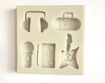 MUSIC THEME MOLD, Headphones Guitar Microphone Speaker Music Player Fondant Mold, 90s Theme Cake Decoration, Chocolate Mold, Resin, Clay