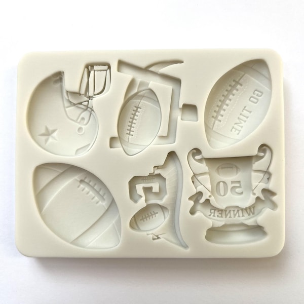 FOOTBALL VARIETY MOLD, 6-Cavity Silicone Fondant Mold, Boys Cupcake Decoration, Sport Theme Mold, Candle Embeds Mold, Helmet Trophy Ball