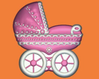 May include: A pink baby carriage with white trim and wheels. The carriage has a white lace design around the top and a white sun design on the front.