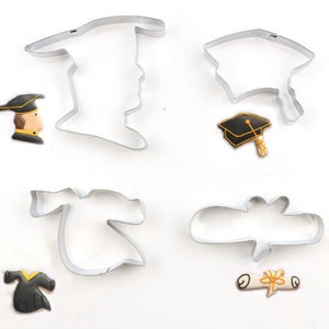 Graduation Cookie Cutter 4 Piece Set, Graduation Hat, Gown, Diploma Stainless Steel Cookie Cutters, Graduation Theme Fondant, Baking Tools