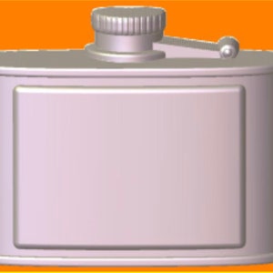 May include: A silver metal flask with a hinged cap and a rounded bottom.