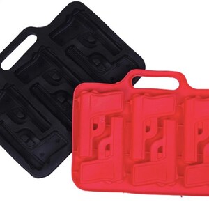 May include: Two silicone ice cube trays in black and red, each shaped like a handgun. The trays have a handle for easy carrying and are designed to make ice cubes in the shape of a pistol. Great for novelty drinks.
