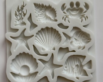 STRANDTEMAFORM - Snäckskal, Korall, Fisk, Sjöstjärna, Krabba, Undervattensform, Hav, Fondant, Cupcakedekoration, Harts, Polymerlera