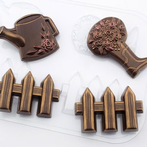 GARDEN THEME MOLD - Fence, Planter, Watering Can Chocolate Mold - Fondant Mold, Gardener Cake Decoration, Candle Mold, Spring Soap Embeds