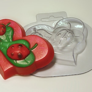 May include: A red heart-shaped soap mold with a ladybug and leaf design. The mold is made of clear plastic and has a hanging loop.