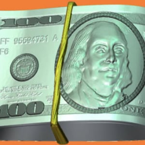 May include: A stack of one hundred dollar bills banded together with a yellow rubber band. The bills are green and white with a portrait of Benjamin Franklin on the front.