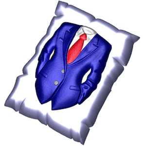 May include: A stylized illustration of a blue suit jacket with a red tie and white collared shirt. The jacket has two buttons and is set against a white background with a textured border. The image is a digital rendering.