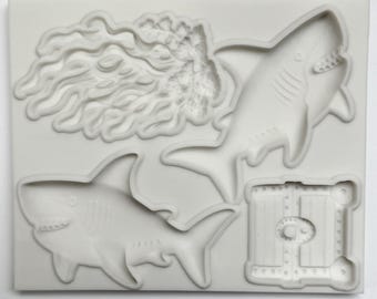 FORMA OCEAN CREATURES, Silikonowa forma do tortów z motywem rekina, skrzyni skarbów, koralowców, Motyw plażowy, Forma podwodna, Forma do fondantu w stylu marynistycznym z motywem syreny