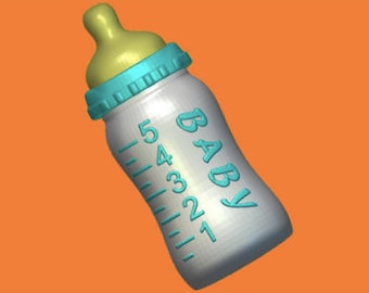 May include: A white baby bottle with a turquoise screw-on ring and a yellow teat. The bottle features a turquoise measurement scale and the word "BABY" in turquoise. The background is orange.