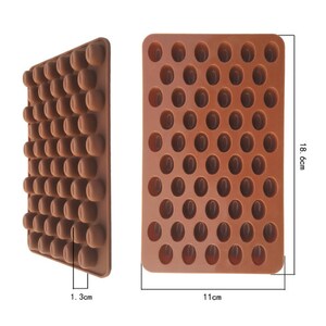 May include: Brown silicone mold with 60 individual cavities for making chocolate candies or other treats. The mold measures 11 inches wide by 18.6 inches long and 1.3 inches deep.