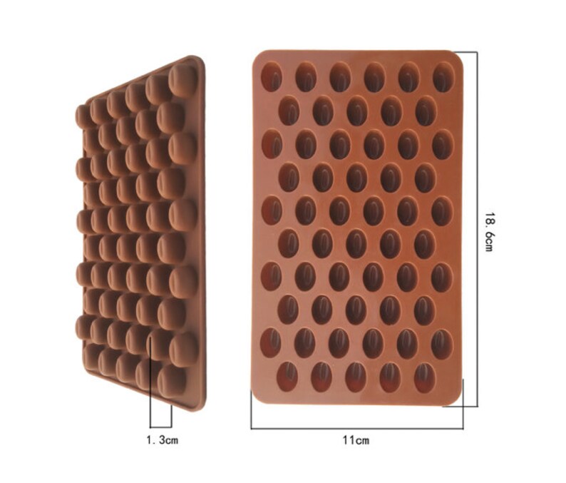 May include: Brown silicone mold with 60 individual cavities for making chocolate candies or other treats. The mold measures 11 inches wide by 18.6 inches long and 1.3 inches deep.
