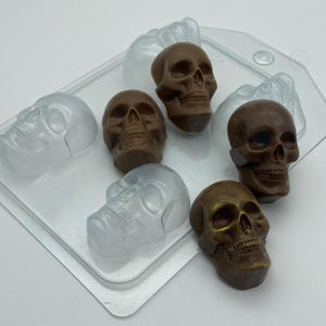 Op de afbeelding: Een transparante plastic mal met zes schedelvormige holtes. De mal is gevuld met zes chocoladeschedels, sommige met een bruine glazuur en andere met een gouden glazuur.