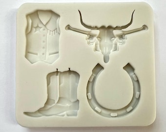 FORMA Z MOTYWEM KOWBOJSKIM, silikonowa forma do fondantu, kamizelka, buty, podkowa, forma czekoladowa w kształcie byka, dekorowanie ciast, bardzo szczegółowa forma z żywicy