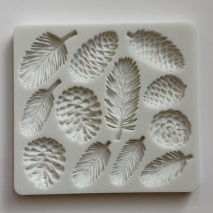 May include: A square white silicone mold featuring recessed cavities in the shapes of various pinecones and evergreen needles. The mold has a smooth surface with multiple distinct impressions of botanical elements arranged across the entire area.