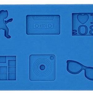 Retro jaren 80 themavorm - zonnebril, audiocassette, gamepad, rotsfiguur - siliconenfondantvorm, cupcakedecoratie, chocoladevorm, nerdy