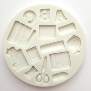 School Themed Silicone Mold, 14 Cavity Teacher Mold, Back to School Theme Cake Decorating, Chocolate, Fondant, Resin, Globe Pencil, ABC, Bus