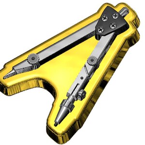 May include: A gold-coloured compass with a black handle and silver metal arms. The compass is in the shape of a triangle.