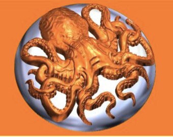 May include: A bronze-colored octopus sculpture with eight tentacles, set against a bright orange background.