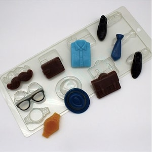 MENS VARIETY MOLD- Tie Shirt Bril Hoed Horloge Portemonnee Schoenen Koffer Snor- 10 Cavity Chocoladevorm, Zeep Embeds Mold, Fathers Day Mold