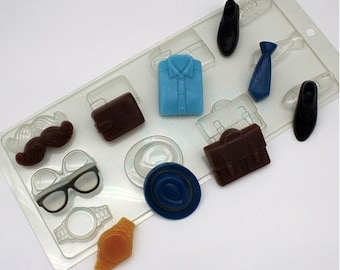 MENS VARIETY MOLD- Tie Shirt Glasses Hat Watch Wallet Shoes Suitcase Mustache- 10 Cavity Chocolate Mold, Soap Embeds Mold, Fathers Day Mold