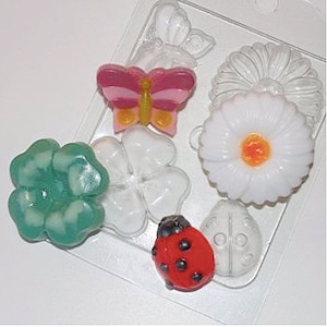 May include: A clear plastic mold for making soap or resin crafts. The mold features a butterfly, ladybug, four-leaf clover, and daisy design.