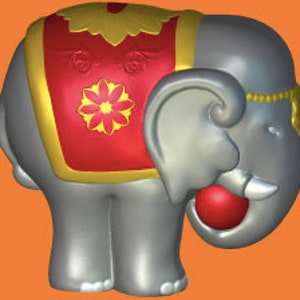 Puede incluir: Una figurita de elefante gris con una bola roja en su trompa. El elefante lleva una silla de montar con estampado rojo y dorado.