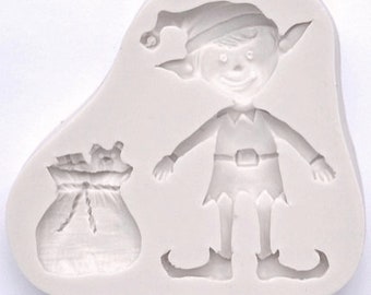 MOULE elfe, moule à fondant thème de Noël, moule à chocolat, décoration de gâteau, moule en résine, moule d'hiver, moule en silicone très détaillé, elfe et cadeaux