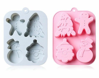 CHRISTMAS VARIETY MOLD - Santa, Snowman, Pine Tree & Gingerbread Chocolate Mold - Silicone Soap Mold, Holiday Baking, Candy Mold, Candle Wax