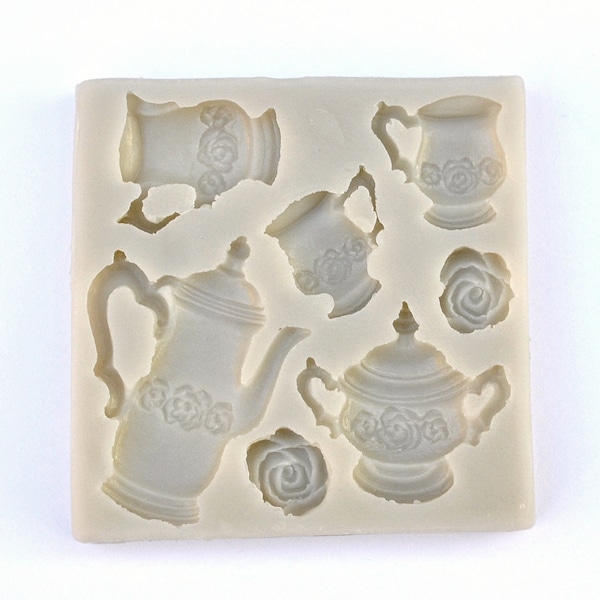 TEA PARTY MOLD, Tea Pot, Cups & Roses Fondant Mold, Highly Detailed Silicone Chocolate Mold, Resin Mold, Polymer Clay Mold, Cupcake Decor