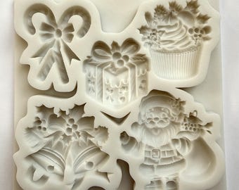 CHRISTMAS VARIETY MOLD, Winter Mold, Holiday Cake Decoration, Fondant Mold, Silicone Clay Mold, Santa, Present, Jingle Bells, Peppermints