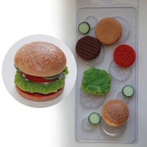 MOLDE DE HAMBURGUER, molde de sabão de plástico de 8 peças, molde de hambúrguer, molde de fast food, molde de pão de alface e tomate, molde de presente de mordaça, suprimentos exclusivos para fabricação de sabão