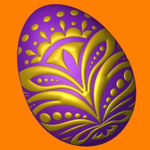 Puede incluir: Un huevo de Pascua morado con un diseño floral dorado. El huevo está decorado con un patrón de hojas y puntos en espiral.