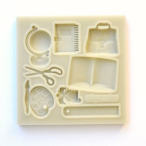 School Themed Silicone Mold, 8 Cavity Teacher Mold, Back to School Globe Book Scissors Cake Decorating Tools, Chocolate, Fondant, Resin Mold