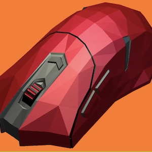 May include: A red and black computer mouse with a geometric design. The mouse has a scroll wheel and two buttons.