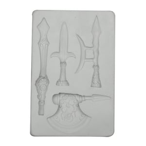 May include: A white silicone mould with five different weapon shapes: a sword, a spear, a crescent-shaped blade, a dagger, and an axe. The mould is designed for making edible decorations.