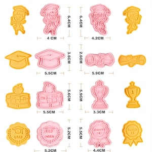 GRADUATION COOKIE CUTTERS (8 Piece Set), Plastic Fondant Embossers, Diploma, Textbooks ,Apple, Graduation Cap, Awards, Medal, Graduate Molds