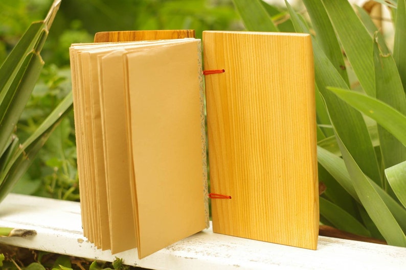 May include: A wooden journal with a brown paper cover and red string closure. The journal is open to reveal blank pages.