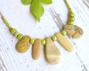Rustic Beach Stone Bib Necklace, Silk Cord, Miyuki Beads