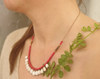 Job's Tears Seed Necklace, Red Coco Beads, Adjustable Boho Choker