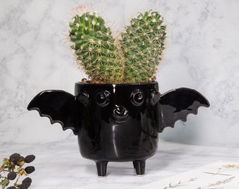 Halloween Special, Ceramic Bat Planter Frank, flowerpot, black bat, cartoon planter, handmade flower pot , Ready to Ship