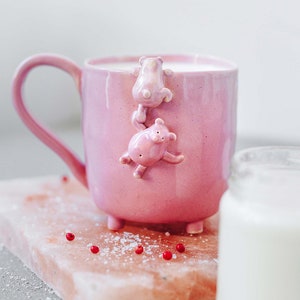 Ceramic Mug with two chubby bears. Big handmade mug for tea or coffee in pink colour. Teddy Bear mug.