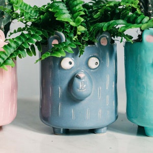 Ceramic Bear Planter, Gray planter with bear, Kids room decor, Handmade Ceramic Planter, bear planter, flower pot with bear, pastel decor, image 1