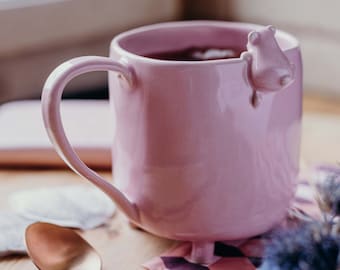 Mug with Teddy Bear, handmade ceramic pink mug. Handmade coffee mug in pastel pink colour. Bear mug for animal lovers.