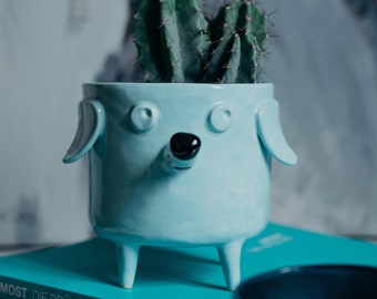 Big Ceramic Dog Planter. Handmade flowerpot, pastel mint ceramics, handmade pot, Big planter for doglover. Herbs planter, ceramic Pot