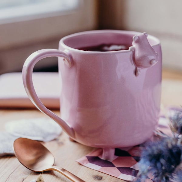 Mug with Teddy Bear, handmade ceramic pink mug. Handmade coffee mug in pastel pink colour. Bear mug for animal lovers.