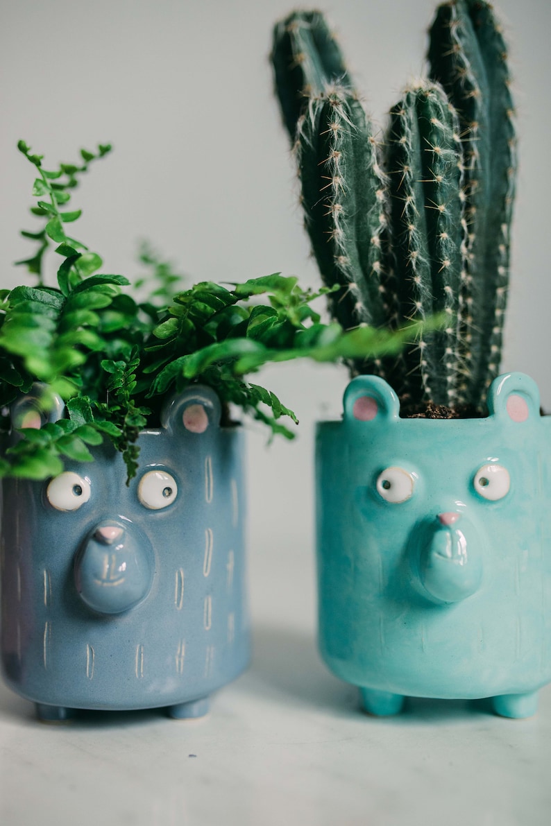 Ceramic Bear Planter, Gray planter with bear, Kids room decor, Handmade Ceramic Planter, bear planter, flower pot with bear, pastel decor, image 2